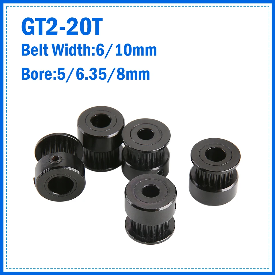 3D Printer parts 20 teeth Black GT2 Timing Pulley Bore 5/6.35/8mm for Width 6/10mm GT2 synchronous belt 2GT Belt 20teeth pulley