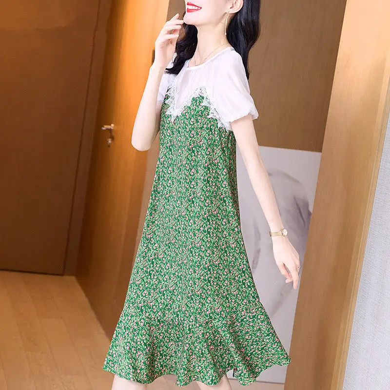 

Fashion Loose Spliced Printed Folds Embroidery Midi Dress Women's Clothing 2023 Summer New Office Lady Puff Sleeve Long Dress