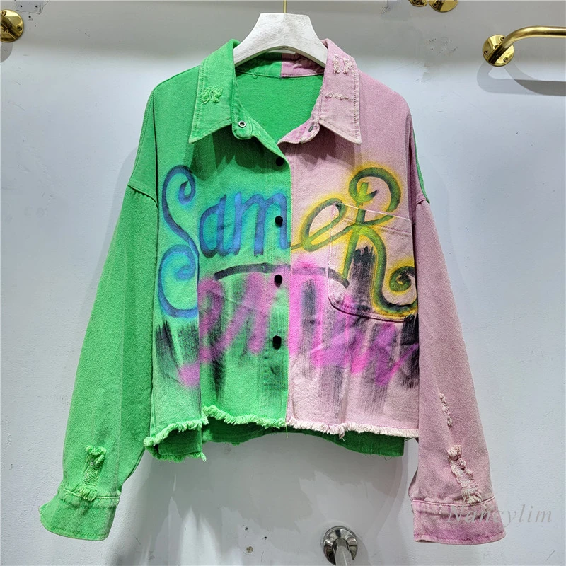

European Style Letters Graffiti Denim Jacket for Women 2024 Spring New Long Sleeve Clothes High-Grade Color Patchwork Coat