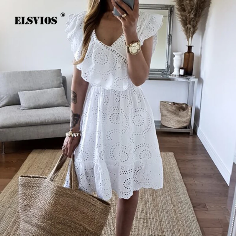 Vestido De Verano Para Mujer De Encaje Beige - Sin Mangas, Cuello En V Y Detalle De Borlas, Estilo Bohemio
