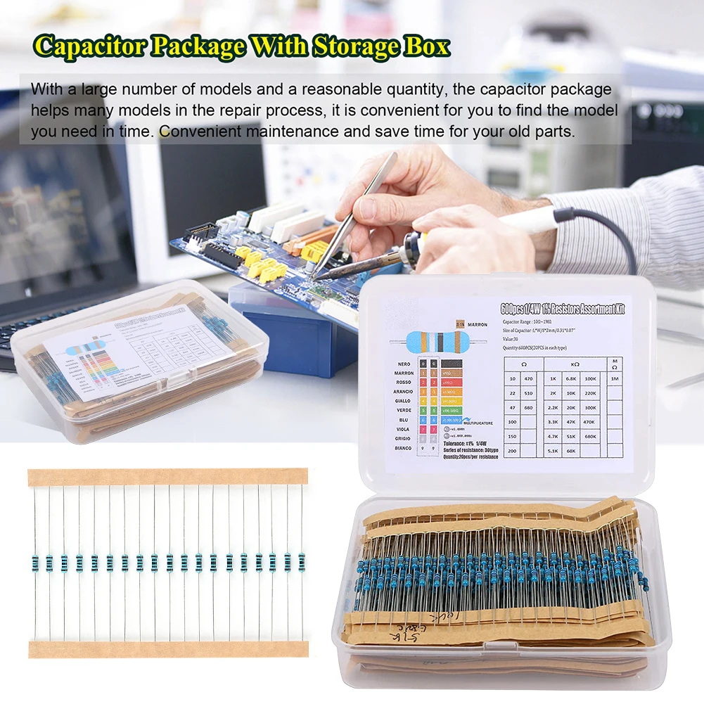 Metal Film Resistors 300/600pcs Assorted Kit 30 Kinds 10R-1M Resistance 1% 1/4W