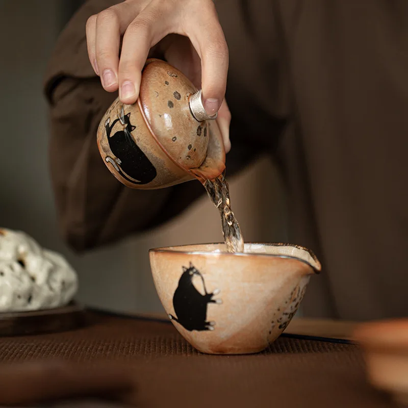 Japanese Style Kiln-changed Retro Hand-painted Silver Ceramic Covered Bowl Small Tea Bowl Tea cup gaiwan