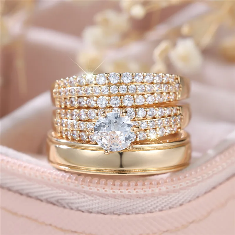 Luxury Female Crystal White Zircon Stone Engagement Ring Set Cute Wedding Jewelry For Women