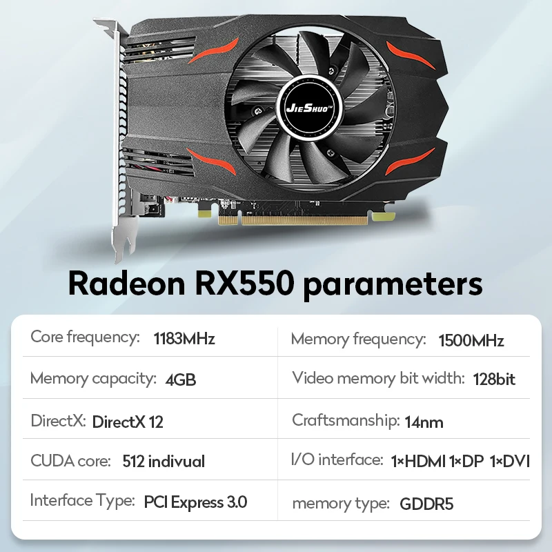 JIESHUO AMD Radeon RX 550 4GB Video graphics card GDDR5 128-bit GPU 14nm rx550 4g for computer desktop video games Office 550 rx