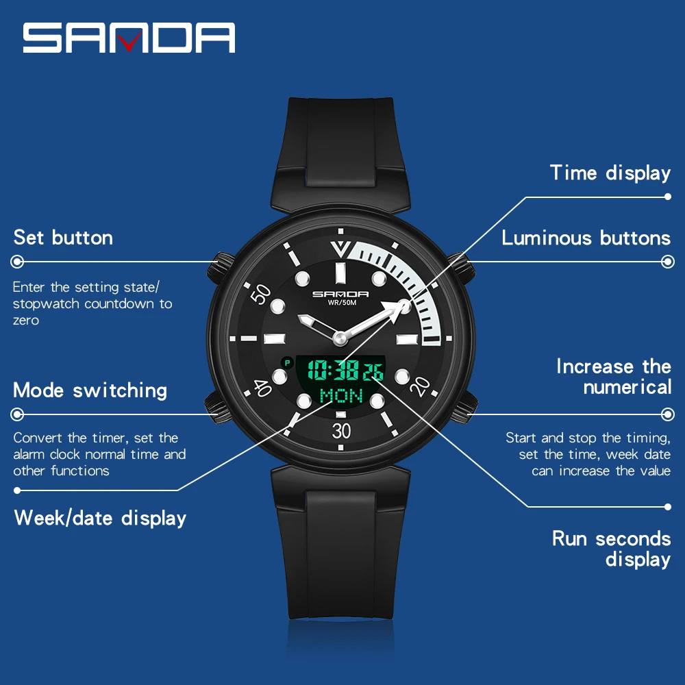 SANDA Men New Fashion Quartz Watch with Electronic Display Luminous LED Trend Mens Watches 50M Water Resistant Reloj Hombre 3122