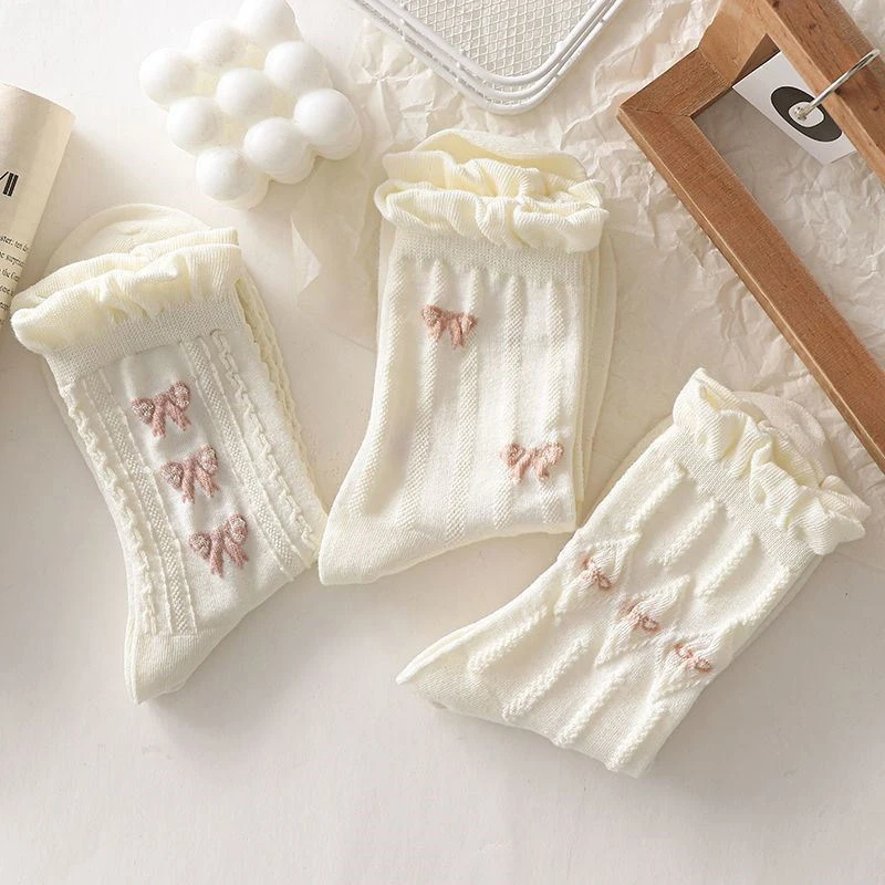 Lolita Cotton Socks Girls Ruffles White Middle Tube Sock JK Bowknot Socks Japanese Harajuku Style Socks