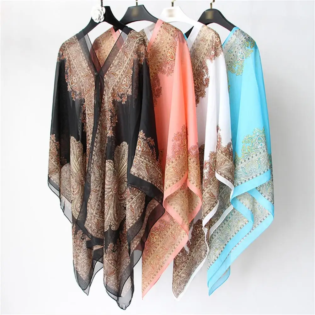 

Chiffon Shawl Scarf Vintage Flower Print Sun Protection Scarf Poncho Elegant Vintage Cover Up V Neck Anti-UV Cashew Flower Scarf