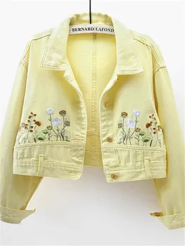 Chic Floral Embroidery Crop Denim Coats Women Lapel Long Sleeve Single Breasted Jeans Jacket Vintage Streetwear Female Outerwear 1