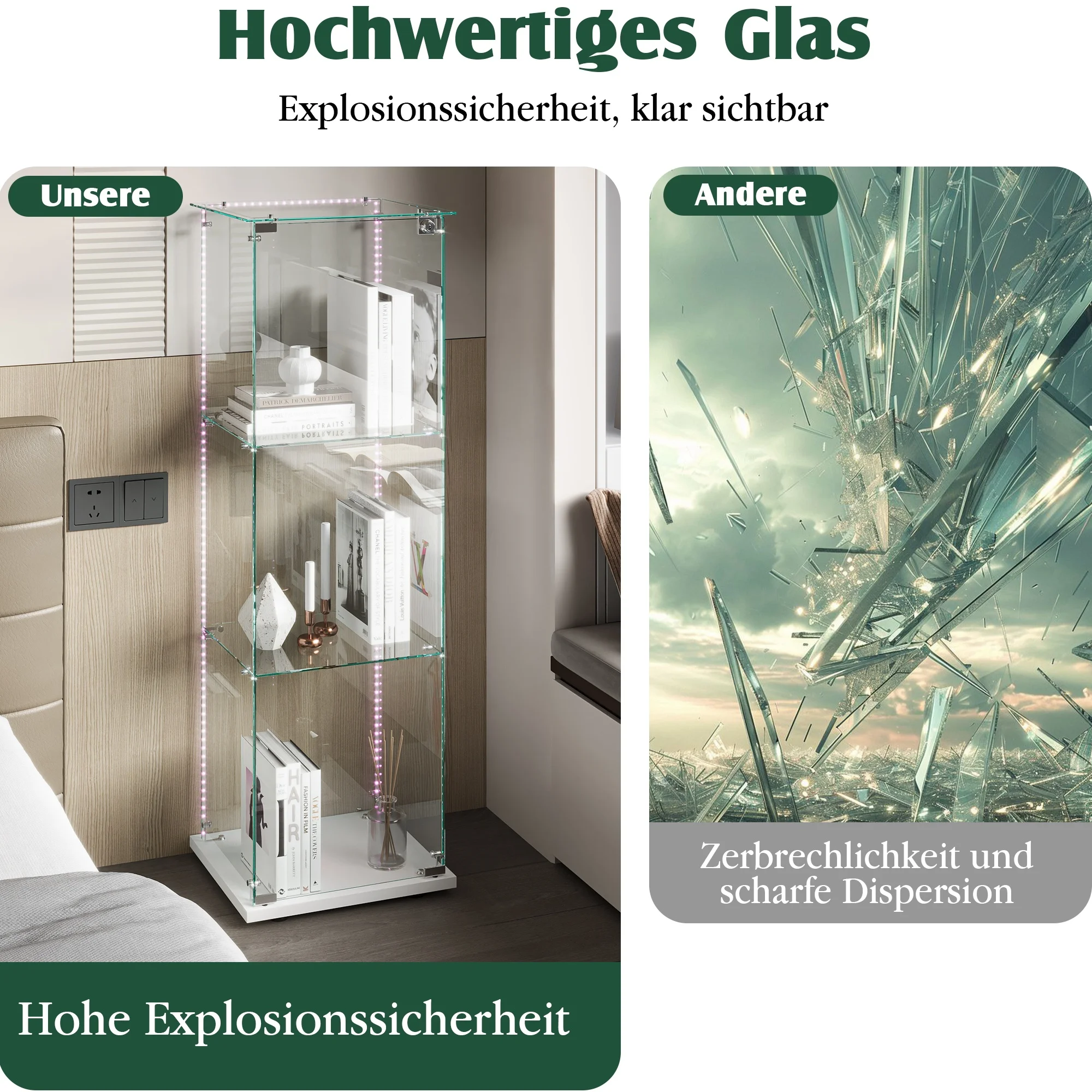 Superaly 3-Schichtige, Einzelglas-Vitrine mit Tür und Schloss, Beleuchtungsstreifen für Sammlungen, Möbel, Wohnzimmer, Weiß – Detail 9