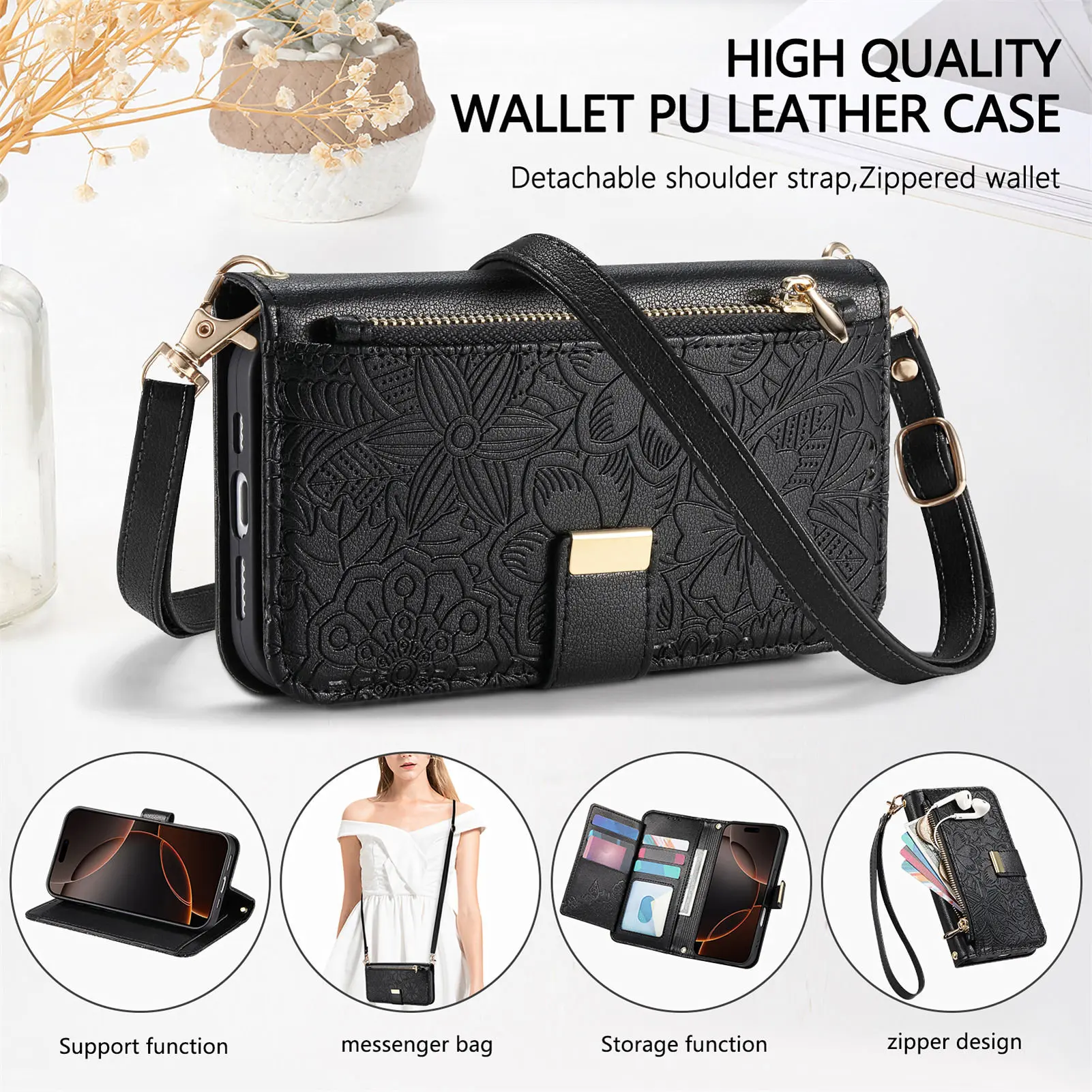 Elegant Crossbody Wrist Strap Leather Flip Wallet Card Holder Phone Case - Enhanced Shockproof Protection