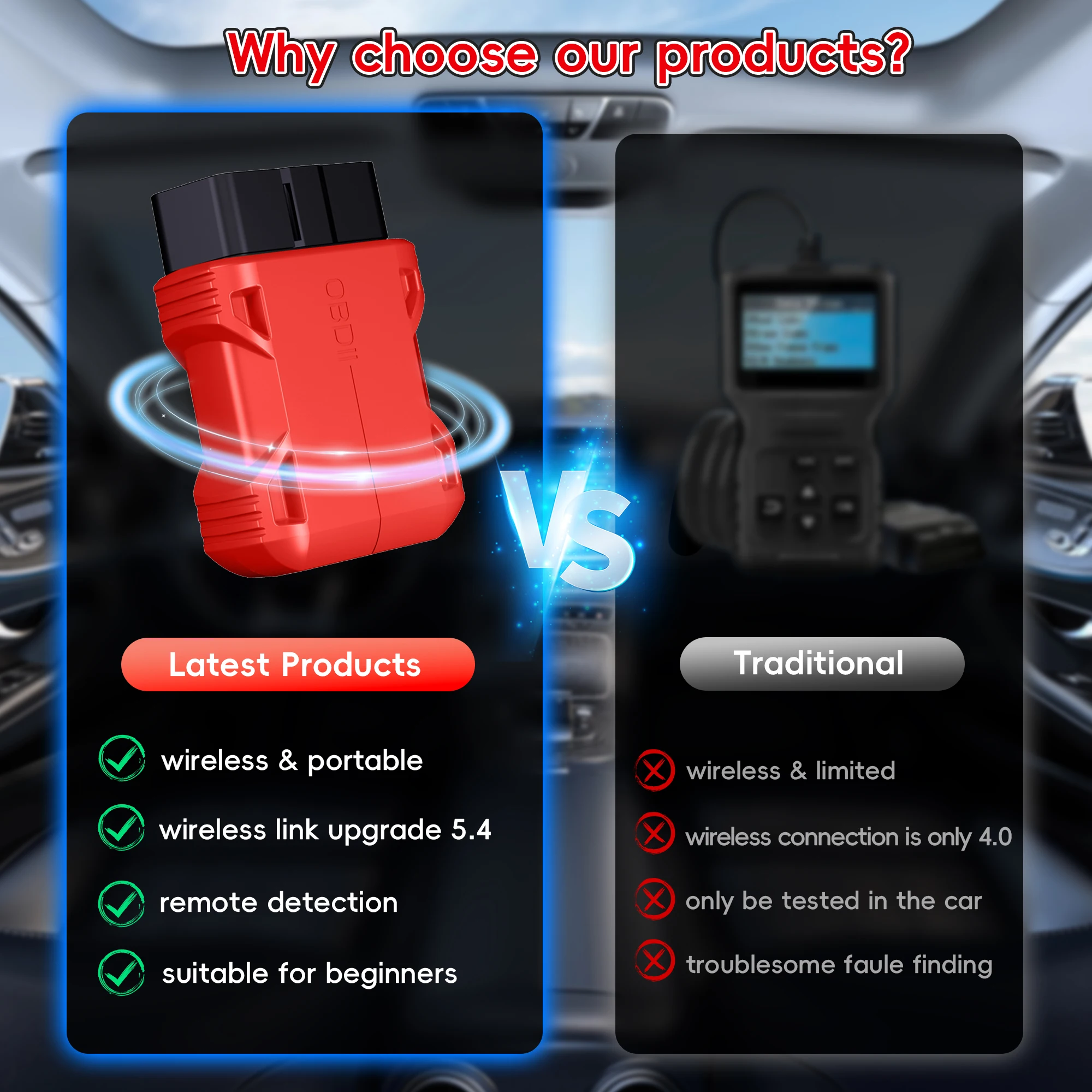 OBD2 Scanner Reader Bluetooth Wireless Auto Diagnostic Scan Tool for iOS & Android for Bluetooth 5.4 Car Check Engine Car Code 6