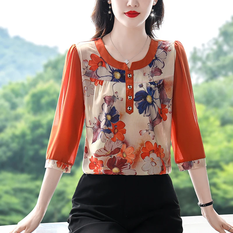 

2023 Summer New Korean Version Round Neck Seven-point Sleeves Shirt Fashionable Elegant Loose Flower Print Women Clothing T614