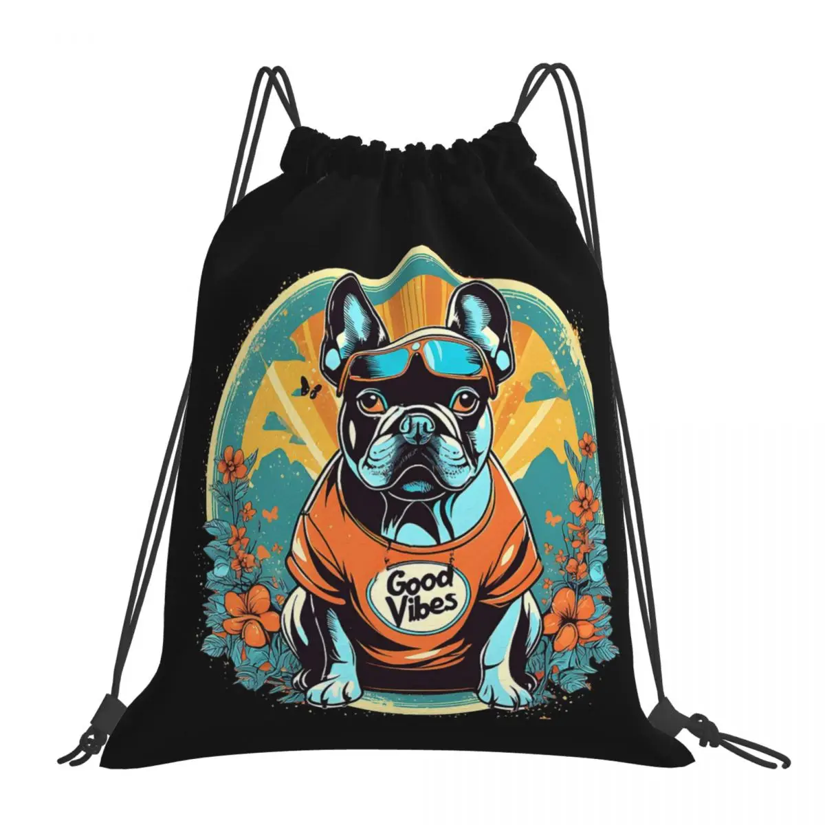 

French Bulldog Good Vibes Wearing Sunglasses Backpacks Drawstring Bags Drawstring Bundle Pocket Sports Bag BookBag