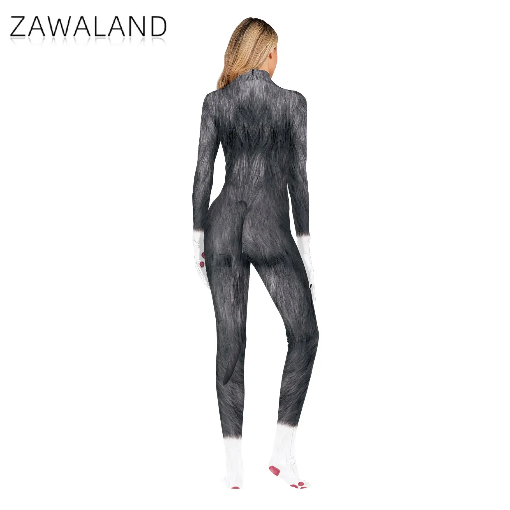 Zawaland Animal Catsuit Couple Snow Wolf Costume Tail Crotch Zipper Halloween Party Cosplay Outfit Disguise Zentai Bodysuit