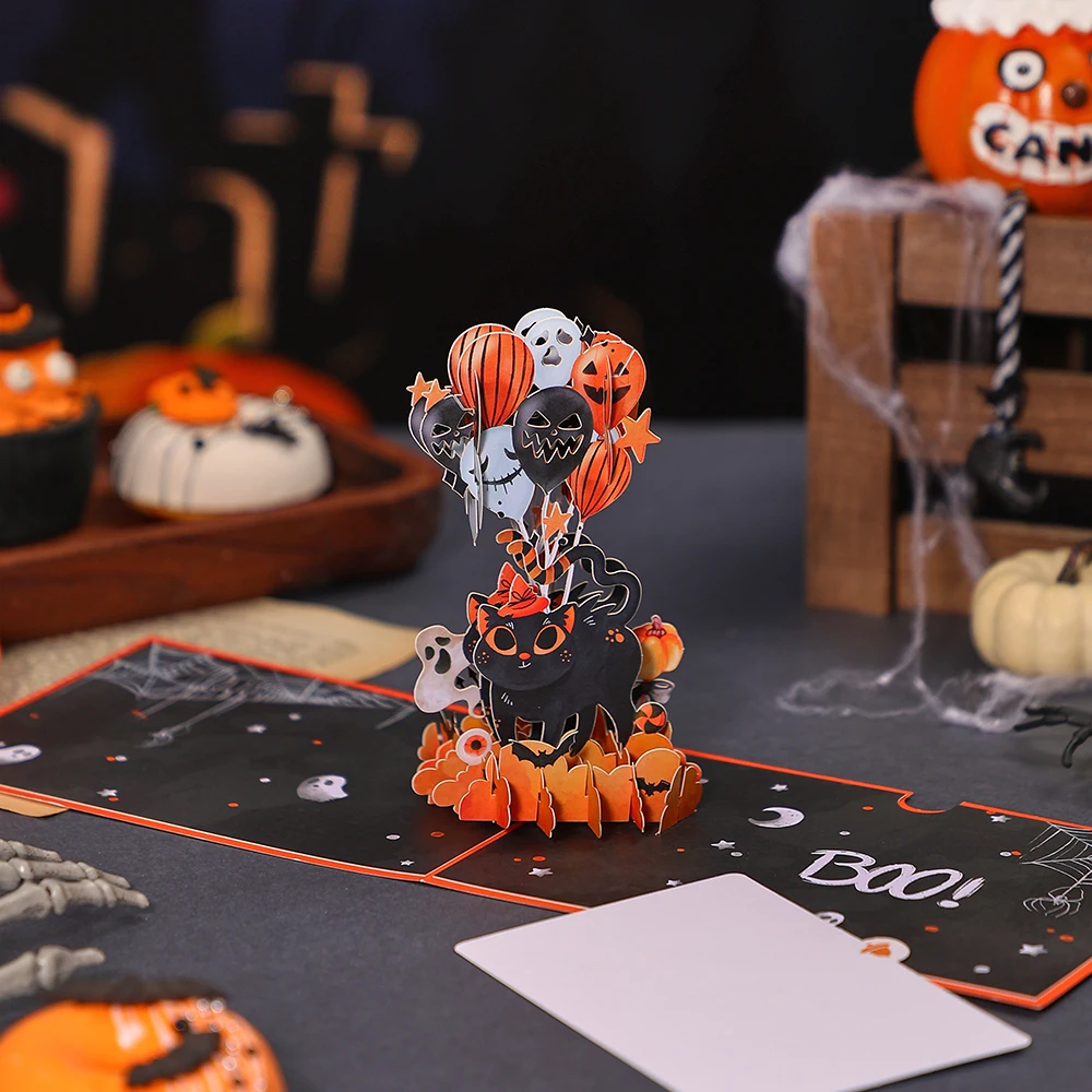 Halloween Greeting Card Balloon Black Cat Pop Up 3D Greetings Card Postcard Lovely Gifts For Friends Kids Couple