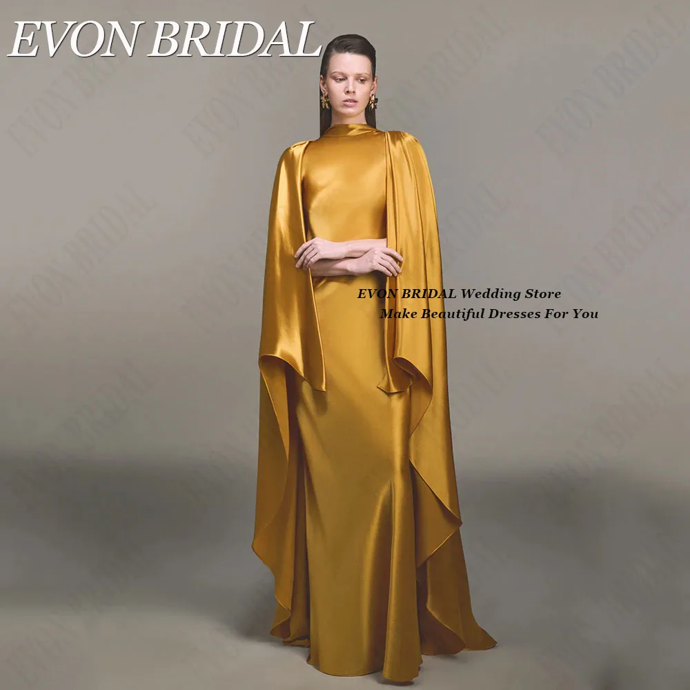 EVON BRIDAL Mermaid Satin Elegant Celebrity Red Carpet Dresses With Cape Saudi Arabia Evening Party Gowns Scoop Floor Length