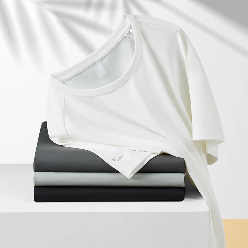 

2024 Summer New Men's Neckless Solid Color Breathable Short Sleeved T-shirt Dad's Solid Color Clean Edition T-shirt