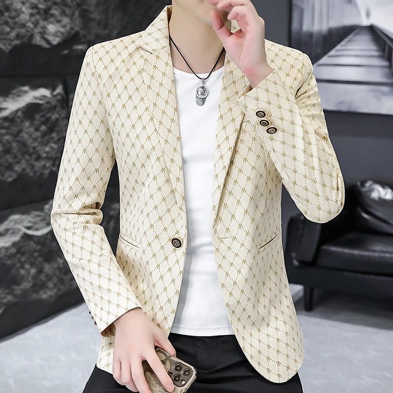 Korean Letter Print Men Blazers Brand Spring Casual Business Suit Jackets Slim Fit Street Wear Social Jacket Men Clothing