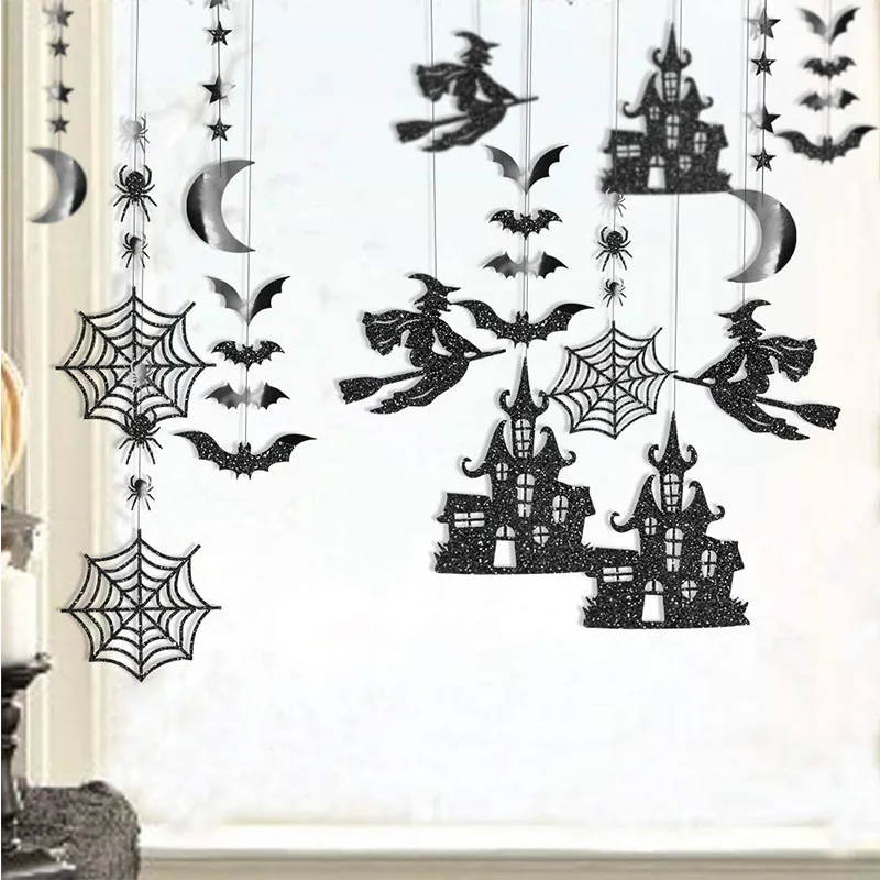 

14Pcs Black Halloween Party Decorations Gothic Birthday Garlands Hanging Witch Bat Spider Haunted House Star Moon Decor Streamer