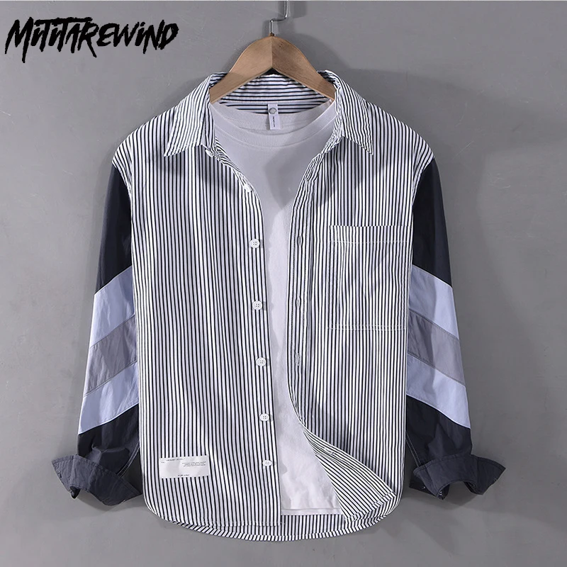 

Spring Autumn Fashion Long Sleeve Shirt Men Streetwear New in Shirts Pocket Stripe Patchwork Design Shirt Casual Loose Top Youth