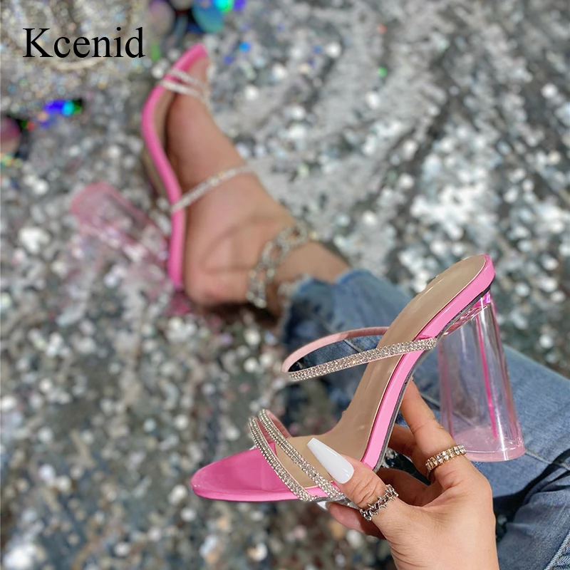 

Kcenid Fashion Crystal Rhinestone Narrow Band High Heel Women Slippers Sexy Street Style Square Toe Banquet Sandals Summer Shoes