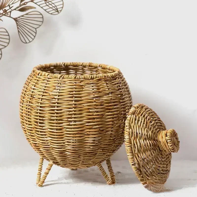 Hand-woven Oval Pumpkin Basket Desktop Sundries Storage Jar Lid Imitation Rattan Retro Storage Wicker Basket Plant Flower Basket 5