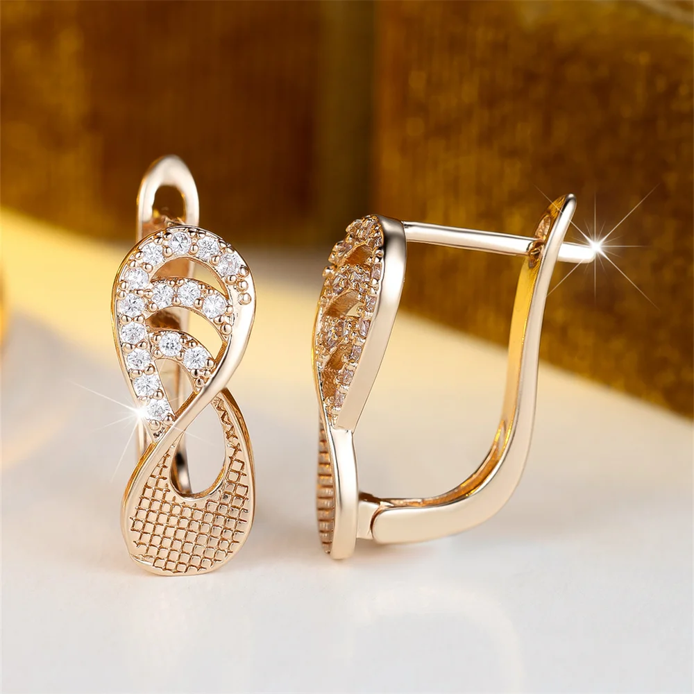 White Zircon Geometric Hollow Infinity Hoop Earrings For Women Vintage Fashion Gold Color Ear Buckle Wedding Jewelry Bridal Gift