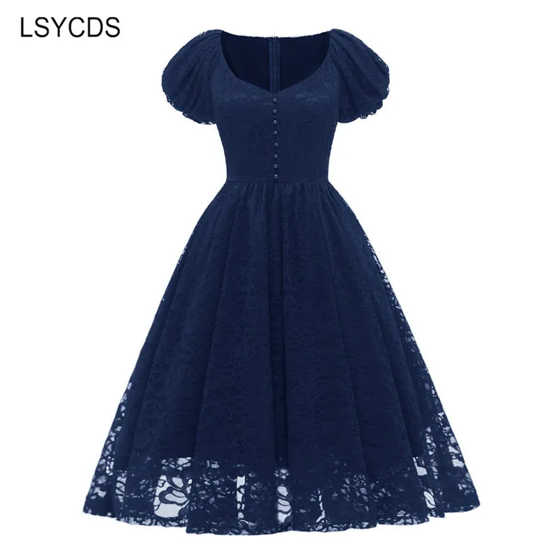 

LSYCDS 2023 Vintage Dresses Summer Solid Blue Wine red Elegant Dress Dating Party Dress 50s 60s Retro Lace Dresses