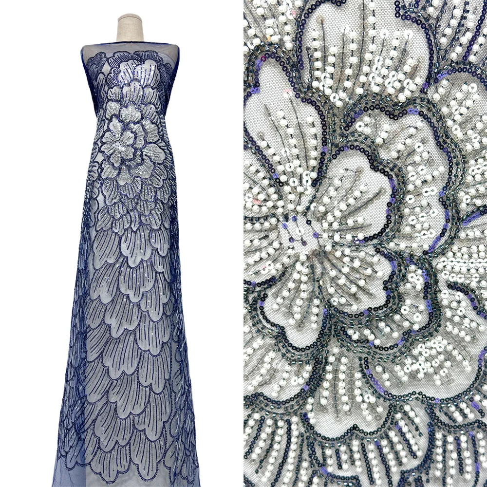 Wholesale Luxury African Lace Fabric Purple Beaded French New African Fabrics 2026 Sequins Tulle Lace Fabrics For Dresses Sewing 4