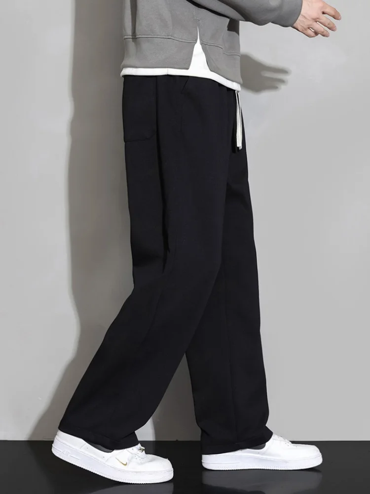 بنطلون واسع الساق للرجال لفصلي الخريف والشتاء، مبطن بالصوف، تصميم مستقيم وفضفاض، بنطلون رياضي كاجوال طويل، بنطلون رياضي أسود