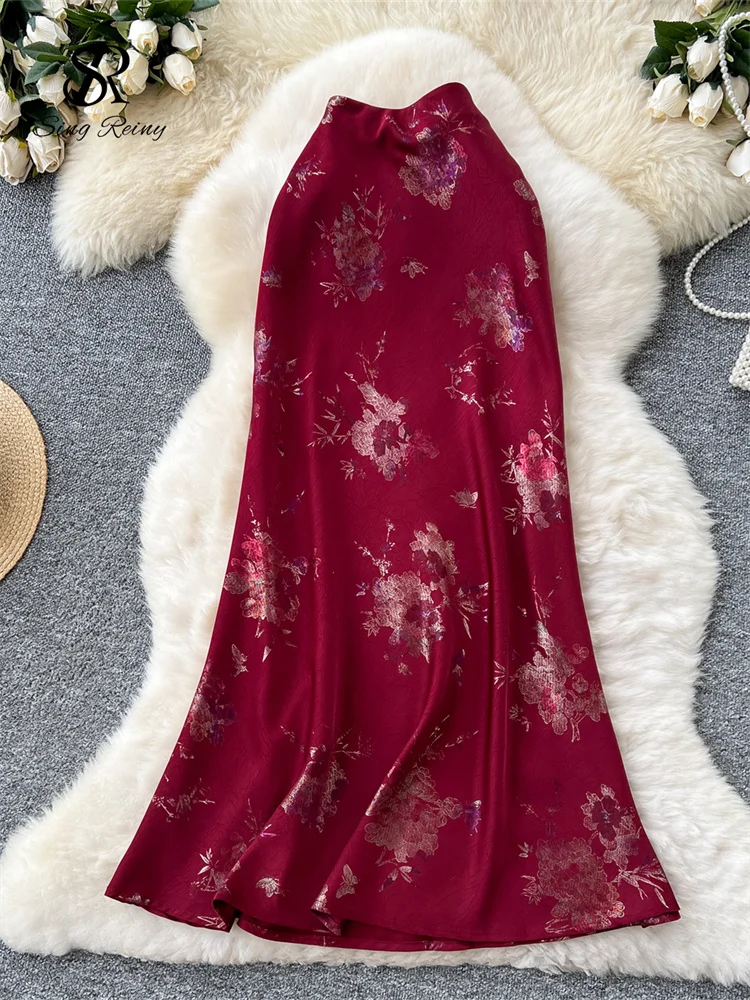 SINGREINY Senior Women Long Skirt Floral Gold Stamping Zipper Design Summer France Elegant Vintage Basics Satin A Line Skirt 4