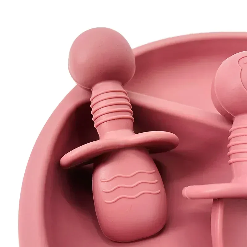 2pcs Food Grade Children Wooden Handle Silicone Spoon Fork Cutlery Baby Training Complementary Food Spoon BabyFeeding Spoon Fork 6