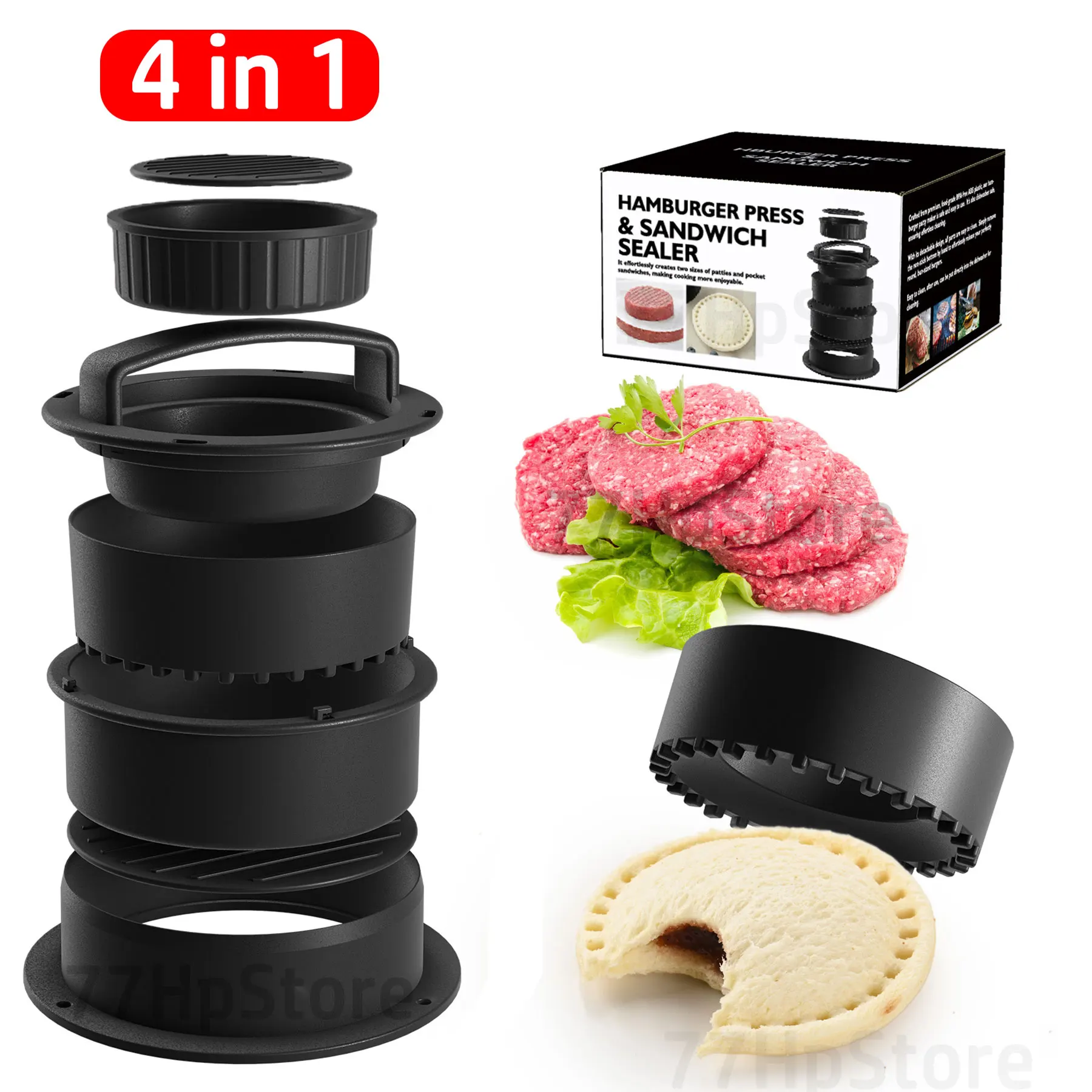 

4 In 1 Hamburger Meat Press Maker ABS Sandwich Press Round Shape Non-Stick Stuffed Burger Patties Mould Make Kitchen Accessories