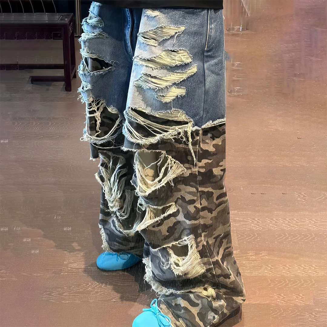 

NIGO Men's Four Seasons Fashion Washed Camouflage Denim Patchwork Destroyed Casual Pants Ngvp #nigo8175