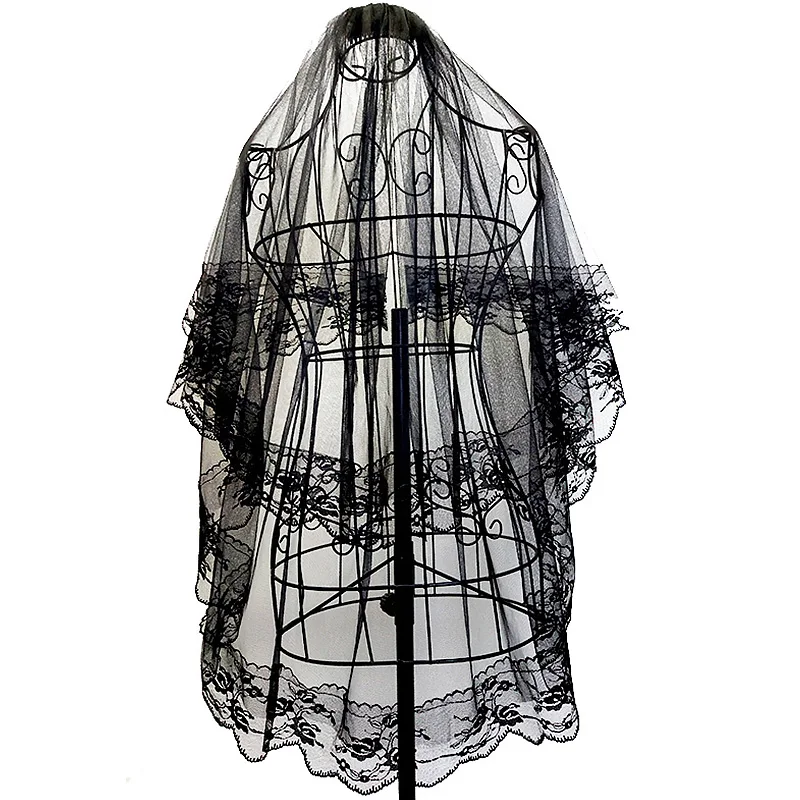 

2 Tier Black White Flower Lace Edge Bridal Veils with Comb Elegant Vintage Wedding Cosplay Performance Hair Accessories