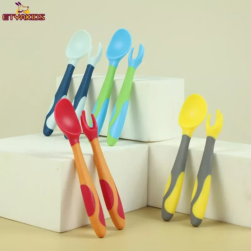 

2pcs/set Safety Flexible Handle Baby Spoon Fork Children Infant Feeder Tableware Kids Spoon Fork Set Bendable Feeding Flatware