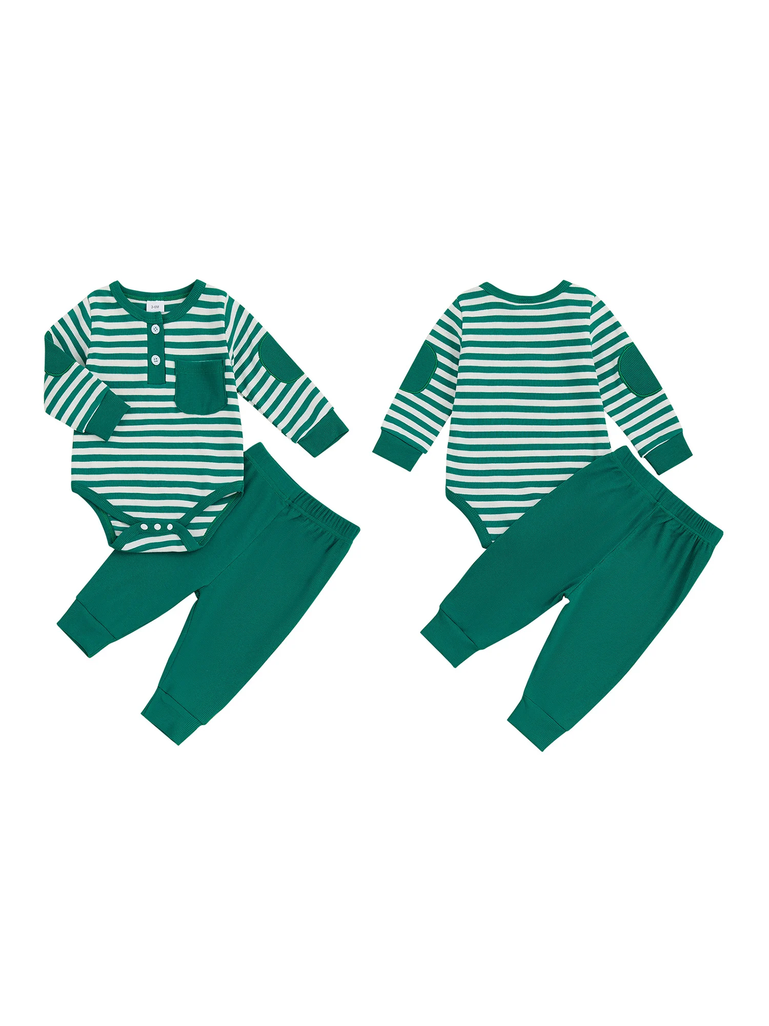 Description Picture 6 of itemBaby Autumn 2Pcs Pants Sets Long Sleeve O Neck Button Striped Romper Solid Color Pants Sets