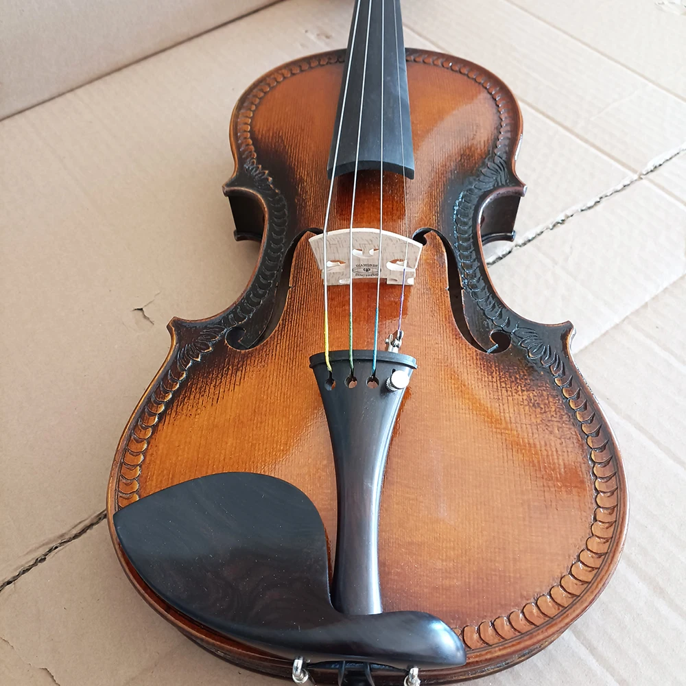 High grade Hand carved violin 4/4 3/4 solid wood whole board Brown violin professional hand-painted violino With bow Accessories