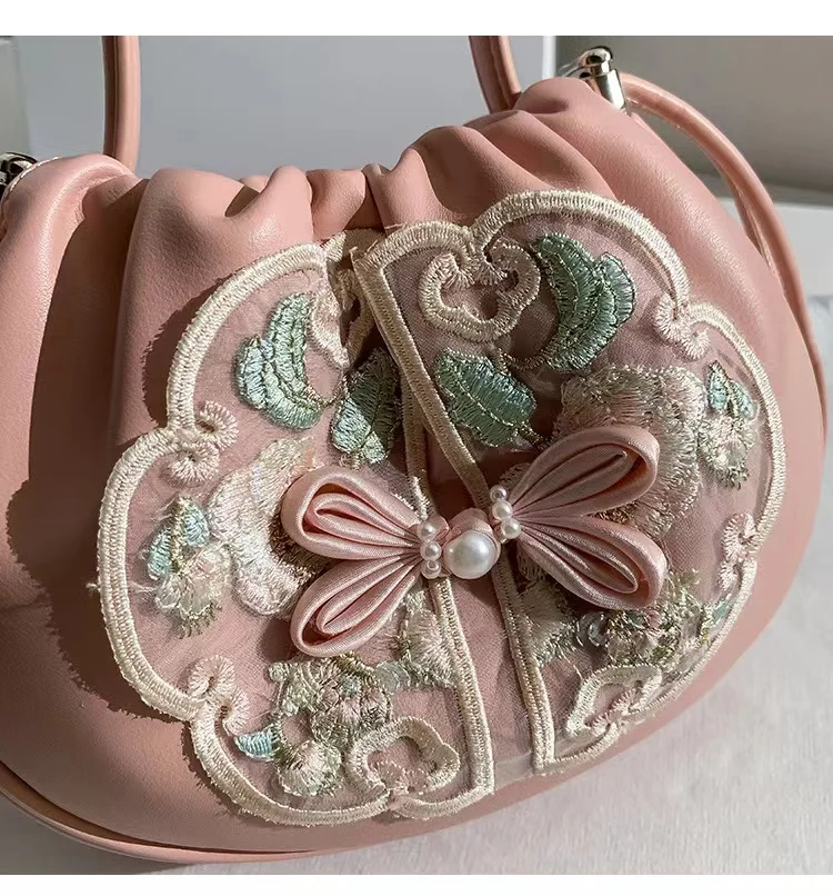 High Quality Textured Leather Embroidery Hobo Bag Pearl Beaded Women Fashion Handbag Lady Purse Female Shoulder Crossbody Bag