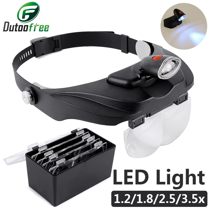 Headband Magnifier Multi-functional Removable LED light Magnifier  Magnifying Glass 1.2x 1.8x 2.5x 3.5x Magnifier Repair Tool