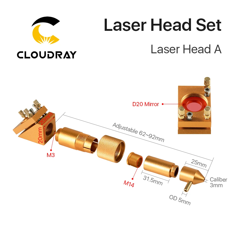 Cloudray K Series CO2 Laser Head Set D12 18 20  FL50.8mm Lens Gold Color for 2030 4060 K40 Laser Engraving Cutting Machine — view 3