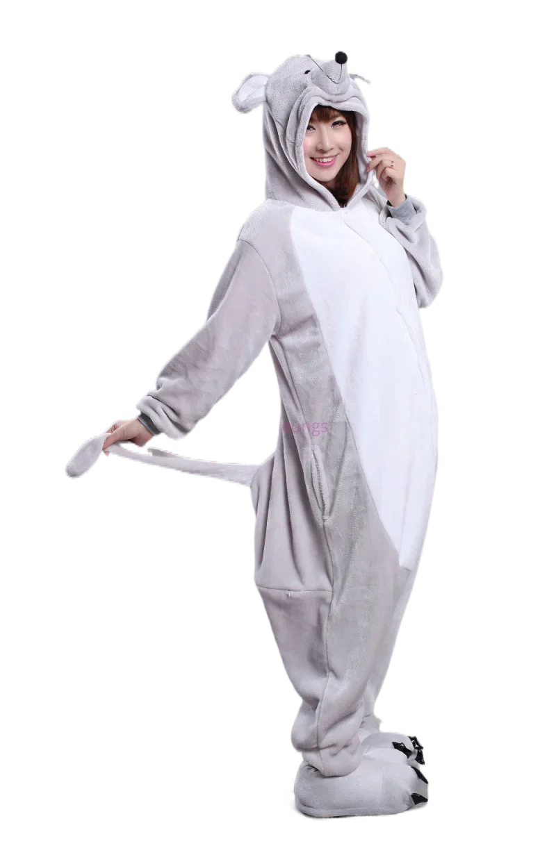 Adults Flannel Kigurumi Animal Costume Grey Rat Mice Womens or Men's Onesies Pajama for Halloween Carnival Party