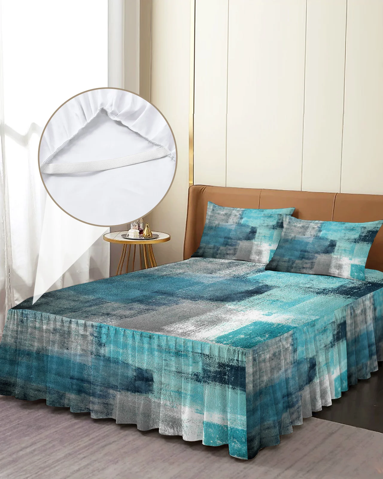 

Oil Painting Abstract Geometric Blue Bed Skirt Elastic Fitted Bedspread With Pillowcases Mattress Cover Bedding Set Bed Sheet