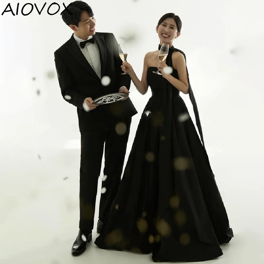 

AIOVOX A-line Formal Party Dress Simple Black Photo Shoot Strapless Taffeta Wedding Prom Dress Sweep Train 이브닝 드레스 공식 연회 예복 2024