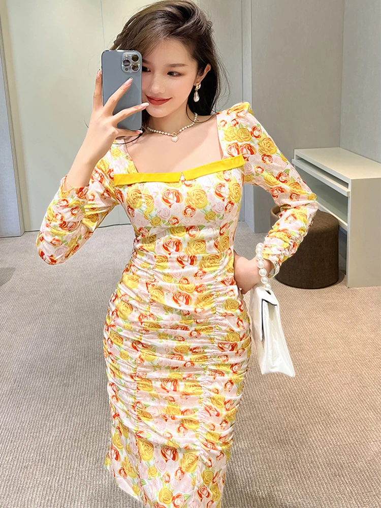 

Spring Autumn Elegant Women Evening Dress Satin Sweet Floral Square Collar Slim Folds Midi Dresses Party Gown Robe Mujer Vestido
