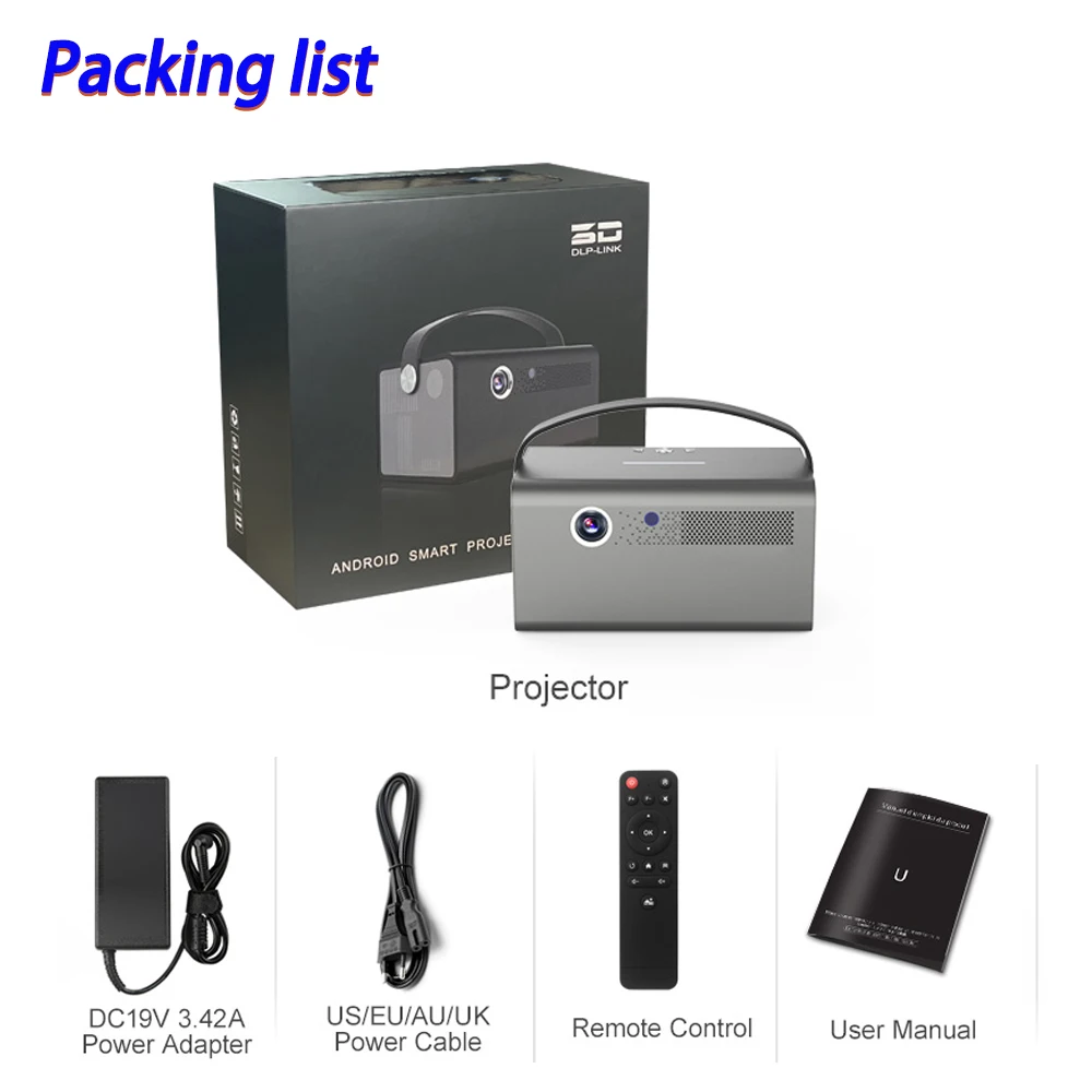 DLP 안드로이드 9.0 와이파이 LED 리얼 3D 프로젝터, 휴대용 홈 시어터 비디오 게임, 자동 키스톤 프로젝터, 미니 비머, 300 인치, 4K