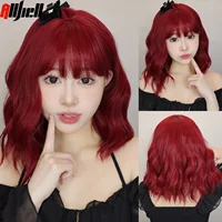 Perruques synthétiques courtes bouclées et ondulées avec frange, perruque colorée rouge foncé, cheveux de Cosplay pour femmes, cheveux de fête d'halloween à haute température 1