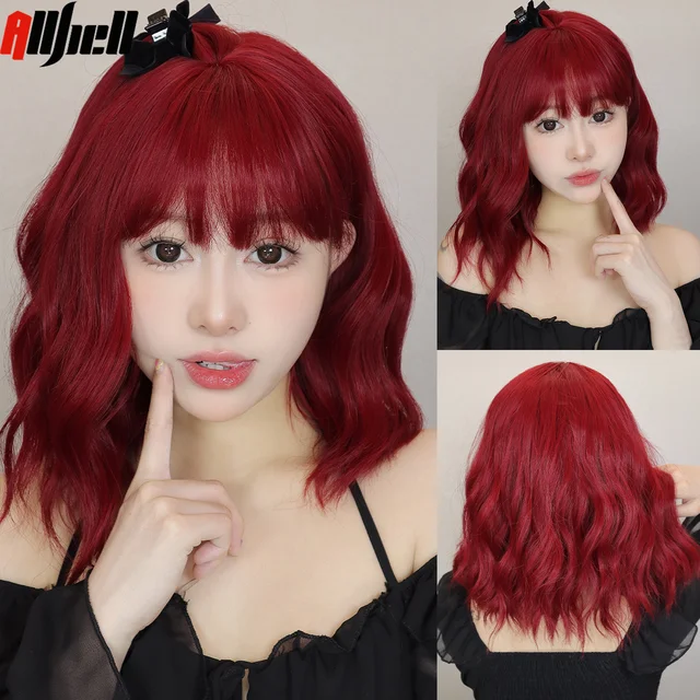 Perruques synthétiques courtes bouclées et ondulées avec frange, perruque colorée rouge foncé, cheveux de Cosplay pour femmes, cheveux de fête d'halloween à haute température 1