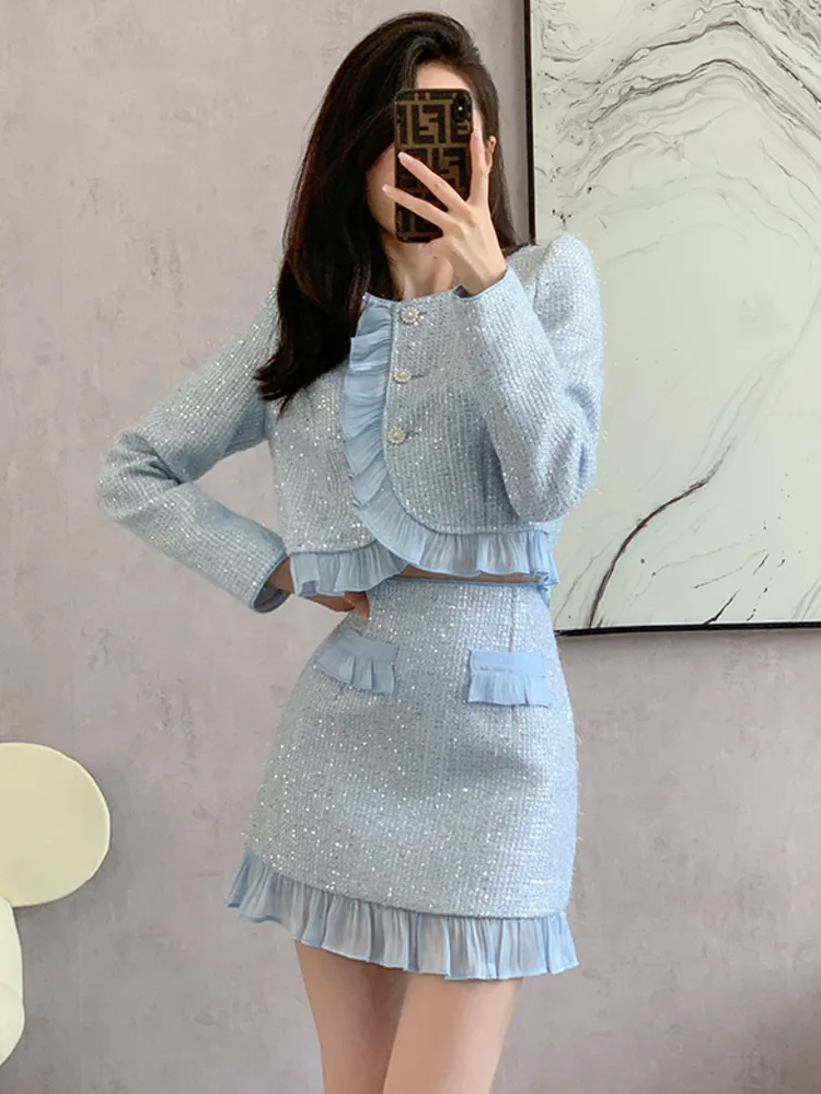 

French Luxury Sequin Small Fragrant Two Piece Set Women Short Jacket Coat + Skirt Sets Fall Winter Y2K Streetwear 2 Piece Outfit