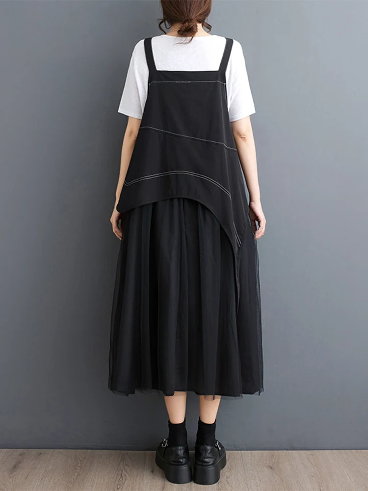 2025 Summer New Sleeveless Patchwork Mesh Strap Dresses For Women Black Vintage Loose Casual Long Dress Fashion Elegant Clothing